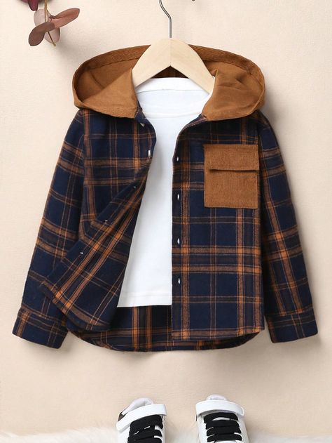 SHEIN Young Boy Plaid Print Patched Pocket Hooded Shirt Without TeeI discovered amazing products on SHEIN.com, come check them out! Elastic Jeans, Long Sleeve Denim Jacket, Boys Plaid, Boys Denim, Hooded Shirt, Long Sleeve Plaid, Boys Jacket, Boys Casual, Outdoor Wear