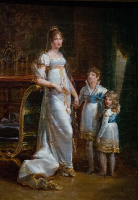 Josephine Bonaparte with her two children:   a son, Eugène de Beauharnais (1781–1824), and a daughter, Hortense de Beauharnais (1783–1837). Empress Josephine, French History, Historical Painting, French Empire, European Royalty, Victorian Art, Empire Style, Historical Fashion, Beautiful Paintings