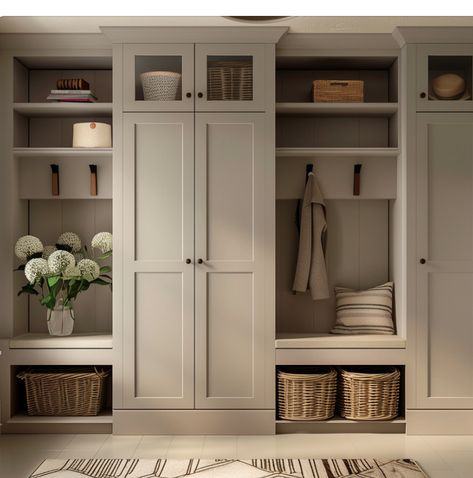 Beige Mudroom, Mudroom Remodel, Entryway Storage Cabinet, Hallway Storage Bench, Entry Closet, Laundry Room Layouts, Laundry Room Renovation, Mud Room Storage, Mudroom Design