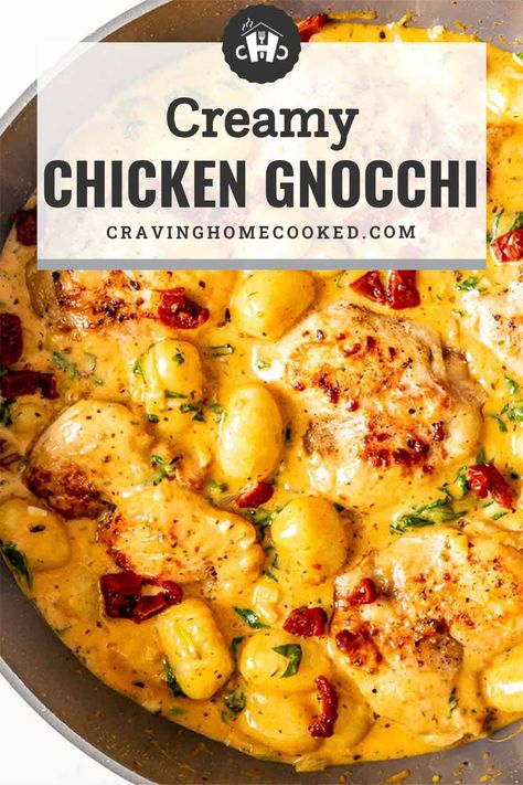 30-minute Creamy Chicken Gnocchi with chicken thighs, gnocchi, and fresh spinach are brought together in a sun dried tomato cream sauce. #creamychicken #creamygnocchi #gnocchi #chicken #recipe Sun Dried Tomato Cream Sauce, Gnocchi With Chicken, Gnocchi Chicken, Creamy Chicken Gnocchi, Gnocchi Recipes Easy, Sundried Tomato Chicken, Gnocchi Dishes, Gnocchi Pasta, Tomato Cream Sauce