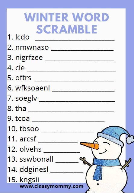 Free Printable Winter Word Scramble. Great for WINTER Parties or Winter Festivals at school. Super easy winter word scramble for kids! Word Scramble For Kids, Class Party Activities, Winter Printables Free, Easy Kids Christmas, Winter Break Activities, 5th Grade Activities, Christmas Word Scramble, January Activities, Self Contained Classroom