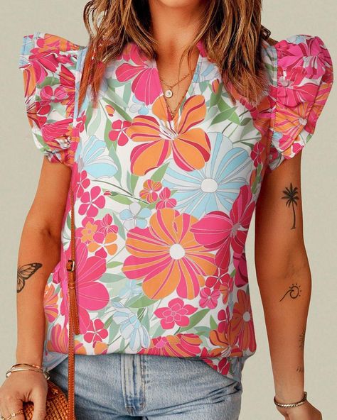 New 🎉 Tropical Pink Floral Breeze Blouse Wear this flutter floral blouse that can brighten up any outfit with a flirty touch! This easy-to-wear shift style drapes like a dream on your body. Be ready to pair this blouse up with cute white jeans and sandals of your choice. Product Details: 100%Polyester Size Chart (CM) Sizes Bust Shoulder Sleeve_Length Length Hem_Width Relax Relax Relax Relax Relax S 97 30.5 9.5 63 104 M 103 32 9.5 65 110 L 109 33.5 9.5 67 116 XL 117 35.7 9.5 69 124 Elasticity ... Leopard Satin Dress, Spaghetti Strap Maxi Dress, Chambray Dress, Mini Shift Dress, Western Dresses, V Neck Blouse, Maxi Dress With Sleeves, Pink Blouse, Floral Blouse