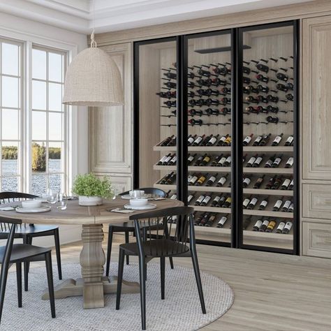 Luxury Glass Wine Cellar Minimalist Wine Cellar, Glass Wine Closet, Wine Wall With Bar, Wine Cellar Storage, Wine Room Glass Doors, Wine Storage In Dining Room, Kitchen With Wine Cellar, Wine Cellar In Living Room, Walk In Wine Fridge