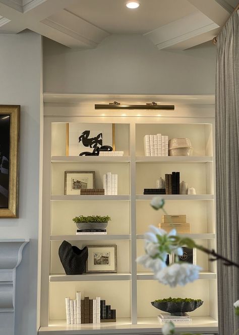 Bookshelf Sconces, Lighting In Built In Shelves, Lamp On Built In Shelves, Built Ins Lighting, Lights In Bookcase, Built In Shelf Lighting, Built In Bookshelves With Lights, Lights On Bookshelves, Bookshelves With Lighting