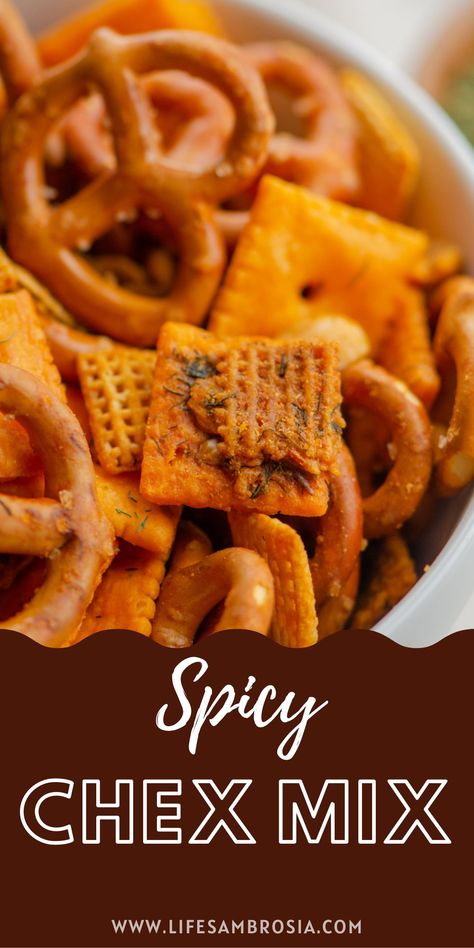 Spicy Chex Mix is loaded with rice cereal, cheese crackers, pretzels and peanuts in a tangy buffalo ranch sauce. It's perfect for your next game day celebration! Spicy Nuts And Bolts Recipe Best, Buffalo Chex Mix Recipes, Nuts N Bolts Recipe, Spicy Nuts And Bolts Recipe, Buffalo Ranch Sauce, Spicy Chex Mix, Chocolate Snack Mix, Check Mix, Spicy Nuts