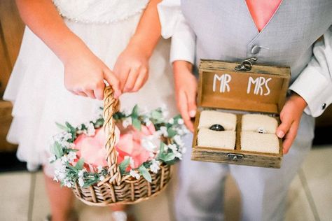 Flower Girl Basket and Ring Bearer Box Pretty in Pink via Couture Colorado Flower Girls Baskets, Girl Ring Bearer Ideas, Flower Girl And Ring Bearer Ideas, Ring Bearer Box Ideas, Flower Girl Basket Ideas, Ring Bearer Ideas, Ring Bearer And Flower Girl, Country Flower Girls, Flower Girl And Ring Bearer