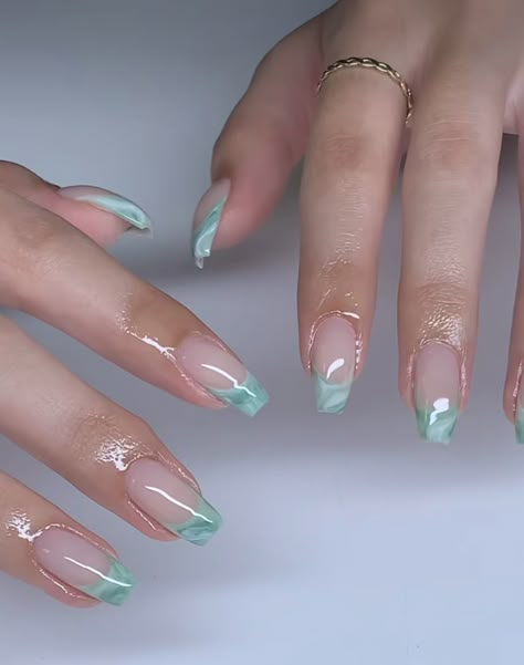 Jade Nails French Tip, Marble French Tip Nails Coffin, Marble Green French Tip Nails, Jade Nails Designs Short, Jade Nails Acrylic Short, Jade Tip Nails, Marble Nail French Tip, Funky French Nail Ideas, Jade French Nails