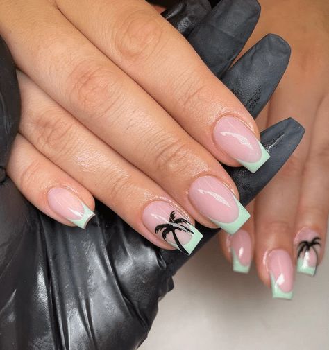 30 Palm Tree Nails for a Tropical Summer Manicure - The Beauty Pursuit Palm Tree Nails Short, French Manicure With Palm Tree, Palm Nails Tropical, Punta Cana Nail Designs, French Tip Tropical Nails, Tropical French Nails, Palm Tree Acrylic Nails, Pink Palm Tree Nails, White Palm Tree Nails