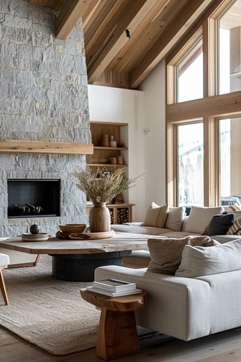 15 Earthy & Elegant Organic Modern Living Room Ideas Natural Luxe Interior, Organic Modern Interior Design Living Room, Organic Modern Cabin, Mountain Cabin Modern, Organic Transitional Living Room, Organic Farmhouse Style, Rustic Contemporary Living Room, Earthy Homes, Colonial Living Room