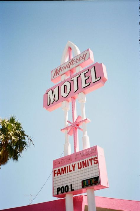 Pastel pink mid century modern hotel signage Pink Motel, Good Aesthetic, Motel Sign, Collage Mural, Tout Rose, Retro Sign, Picture Collage Wall, Atomic Age, Wallpaper Vintage