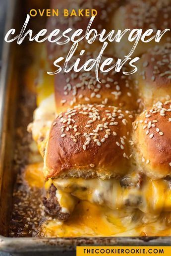 Baked Cheeseburger Sliders are a fun and easy meal perfect for those busy school nights or fun game days! There’s nothing better than this EASY Pull Apart Cheeseburger Slider Recipe for feeding a hungry crowd. So much cheese, so little time! #thecookierookie #sliders #cheeseburgers In And Out Sliders, Hamburger Cheese Sliders, Easy Burger Sliders Recipes, Chopped Cheeseburger Sliders, Easy Sliders Recipes Burgers, Burger Sliders In Oven, Cheeseburger Muffin Cups, Mini Sliders Appetizers, Mini Cheese Burger Sliders