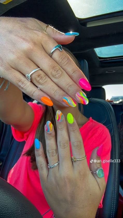 Neon Beach Nails Bright Colors, Funky Neon Nails, Almond Bright Nails, Neon Almond Nails Designs, Neon Nails Designs Summer 2024, Neon Almond Shaped Nails, Summer Nail Ideas Almond Shape, Fun Neon Nails, Bright Almond Nails