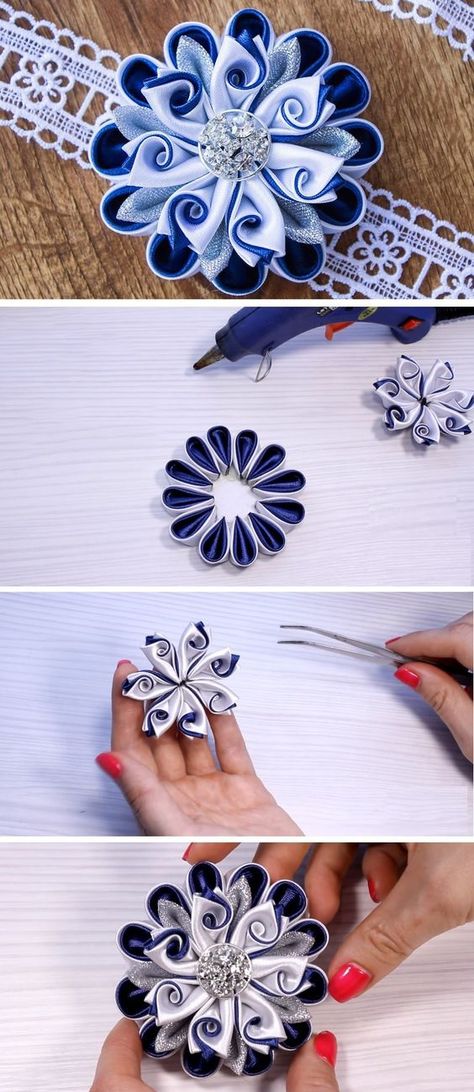 Kanzashi Flower DIY Tutorial - Design Peak Yarn Tutorials, Ribbon Flowers Diy, Kanzashi Tutorial, Ribbon Flower Tutorial, Diy Ribbon Flowers, Idee Cricut, Fabric Flower Tutorial, Peak Design, Kanzashi Flowers