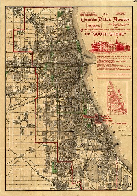 Columbian Visitors' Association: The "South Shore"Map of Chicago before the 1893 Worlds Fair using Rand McNallys' Map of Chicago and Suburbs Columbian Exposition 1893, Map Of Chicago, Game Map, World's Columbian Exposition, Chicago Map, Chicago Neighborhoods, Chicago History, Worlds Fair, My Kind Of Town