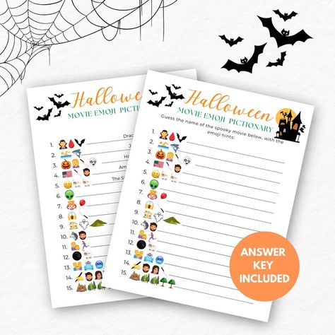 Get ready for spooky fun with our Halloween Emoji Games! Perfect for family game night or adult parties, our Halloween emoji game is a fantastic choice. Easy to access with an instant download.

DETAILS
• Two PDF files
• One PDF 8.5 x 11" Game + Answer Key
• One PDF of two 5 x 7" Games on one 8.5 x 11" sheet
• Files are NOT editable
• Instant download

PLEASE NOTE
- This listing is for a digital download product. No physical product will be shipped. Halloween Emoji Game, Games Halloween Party, Printable Halloween Games, Trivia Party, Halloween Emoji, Emoji Game, Games Halloween, Emoji Pictionary, Emoji Games