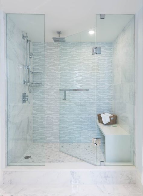 Blue Glass Shower Tiles Large Tile Bathroom, Bathroom Redecorating, Shower Remodel Diy, Small Shower Remodel, Marble Showers, Stunning Bathrooms, Shower Niche, Bathroom Shower Tile, Trendy Bathroom