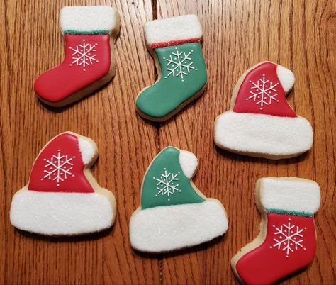 Santa Hat Sugar Cookies, Christmas Hat Cookies, Santa Hat Cookies Decorated, Christmas Stocking Cookies Decorated, Santa Hat Cookies, Stocking Cookies, Christmas Stocking Cookies, Royal Icing Christmas Cookies, Decorated Christmas Cookies