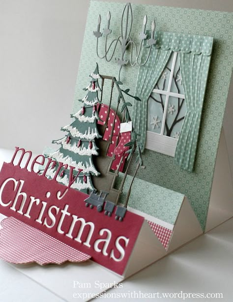 PamSparksStaircaseScene5:800 truly awesome stepper card...love it and hope to make one like it. Side Step Card, Memory Box Cards, Stepper Cards, Frosted Christmas Tree, Step Card, Christmas Card Inspiration, Window Cards, Step Cards, Fancy Fold Cards