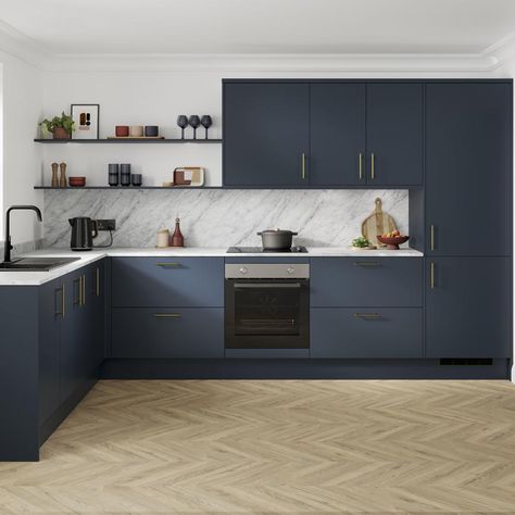 Howdens Blue Kitchen, Marine Blue Kitchen, Howdens Kitchens, Kitchen Layouts, Larder Unit, Small Kitchen Layouts, Blue Inspiration, Blue Palette, Cabinet Style