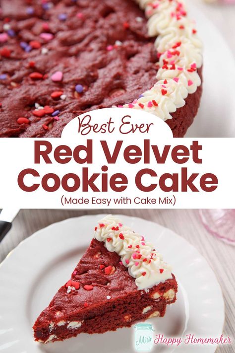 Red Velvet Cookie Cake Red Velvet Cookie Cake, Red Velvet Cake Mix Recipes, Red Velvet Cake Moist, Cookie Cake Recipe Easy, Red Velvet Cake Cookies, Cake Mix Brownies, Homemade Cake Mixes, Boxed Cake Mixes Recipes, Red Velvet Cake Mix