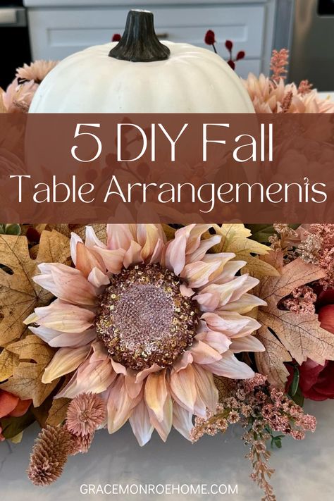 Discover 5 stunning DIY fall table arrangements to elevate your home decor! From a charming fall candelabra to an elegant pumpkin centerpiece, these DIY ideas are perfect for adding a touch of autumn magic to your table. Get inspired with easy, step-by-step instructions and create your own beautiful fall decorations. 🍂✨ #FallDecor #DIYFallArrangements #AutumnTableDecor #PumpkinDecor #FallVibes Making A Fall Centerpiece, Diy Floral Vase Arrangements, Fall Decor Arrangements, Easy Fall Arrangements, Fake Fall Flower Arrangements Diy, Fake Pumpkin Centerpieces, Fall Diy Centerpieces Wedding, Fall Decor With Gourds, Fall Table Garland Ideas