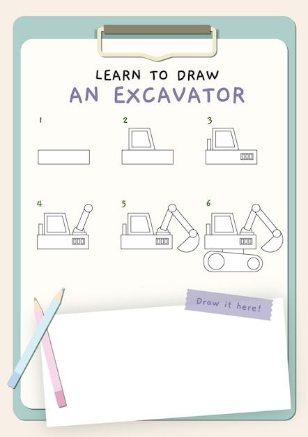 How To Draw Construction Vehicles Easy, Excavator Drawing Easy, How To Draw A Dump Truck, Excavator Drawing, Lunchbox Doodles, Vector Building, Snowy Owls, Drawing Steps, Story Drawing