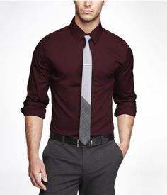 EXTRA SLIM 1MX STRETCH COTTON SHIRT | Express Maroon Dress Shirt, Burgundy Shirt, Shirt And Tie, Formal Men Outfit, Shirt Dress Outfit, Dress Shirt And Tie, Maroon Shirts, Men Fashion Casual Shirts, Formal Mens Fashion