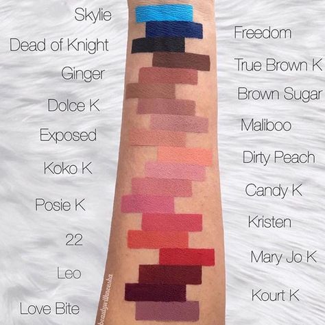 @kyliecosmetics: Beautiful swatches by @beautywithneesha ❤️                                                                                                                                                                                 More Kylie Lip Kit Swatches, Kylie Matte Lip Kit, Maquillaje Kylie Jenner, Kylie Jenner Lip, Kylie Jenner Lip Kit, Mac Velvet Teddy, Kylie Makeup, Kylie Jenner Lips, Glam Life