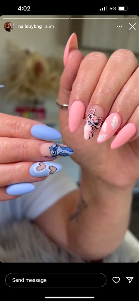 Pink And Blue Stitch Nails, Short Acrylic Nails Stitch, Lilo And Stitch Press On Nails, Angel From Lilo And Stitch Nails, Lilo And Stitch Nails Acrylic Simple, Nails Stitch Disney, Stitch Fake Nails, Stitch And Angel Nail Designs, Stitch And Angel Nail Art