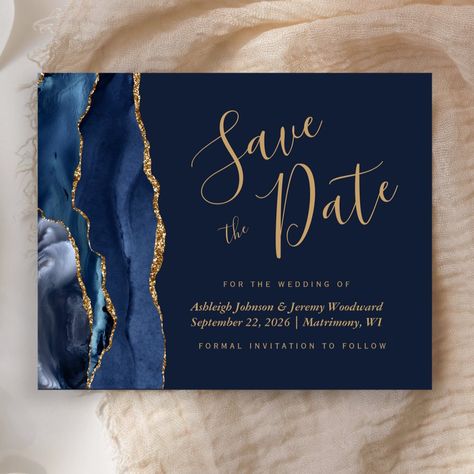 This elegant budget save the date card features a navy blue watercolor agate border trimmed with faux gold glitter. The customizable text combines gold-colored handwriting script, copperplate and italic fonts on a navy blue background. The reverse side features a matching navy blue and gold agate design. Blue And Gold Save The Date, Sapphire Blue And Gold Wedding, Navy Blue And Gold Sweet 16 Theme, Ink Blue Wedding Color Schemes, Gold And Navy Blue Wedding, Navy Blue Save The Date, Navy Blue Gold Wedding, Blue Gold Wedding Invitation, Wedding Color Schemes Blue