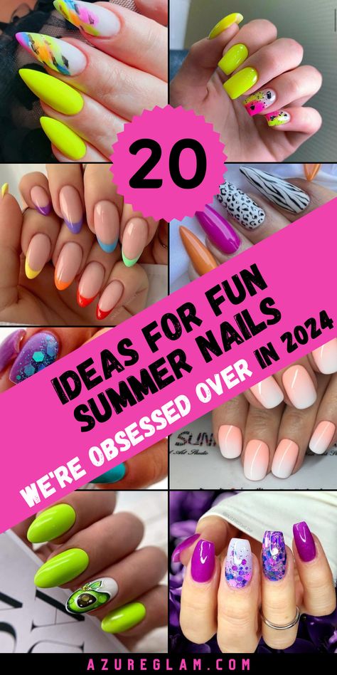 Unleash your inner diva with our show-stopping collection of fun summer nails! With 20 eye-catching designs to choose from, including bold acrylics and intricate patterns, you'll be sure to turn heads wherever you go. Whether you prefer short and sweet or long and colorful, we have the perfect nails to match your style and make a statement this summer. Let the fun begin with our vibrant nail colors and designs! Multi Color Nails Summer, Almond Summer Nails, Vibrant Nail Colors, Best Summer Nails, Summer Nails Almond, Bright Pink Nails, Fun Summer Nails, Summer Nail Ideas, Summer Nail Polish