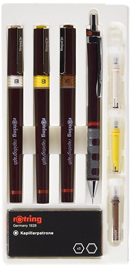 Rotring Rapidograph Technical Drawing Pen Junior Set, 3 Pens with Line Widths of 0.25mm to 0.5mm, Brown (S0699480) Brown Drawing, Rotring Pens, Pens For Drawing, Drawing Pen, Drawing Ink, Office Items, Technical Drawing, Office Products, Ink Cartridge