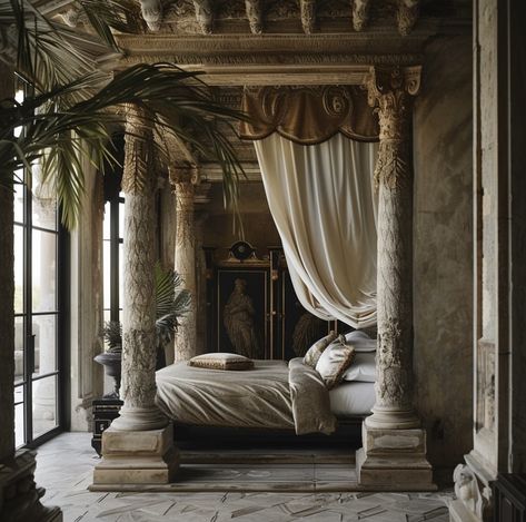 Ancient Bedroom Aesthetic, Greek House Bedroom, Greek Aesthetic Interior Design, Ancient Rome Bedroom, Roman Style Bedroom, Roman Bedroom Theme, Ancient Roman Bedroom, Rivendell Bedroom, Greece Hotel Room