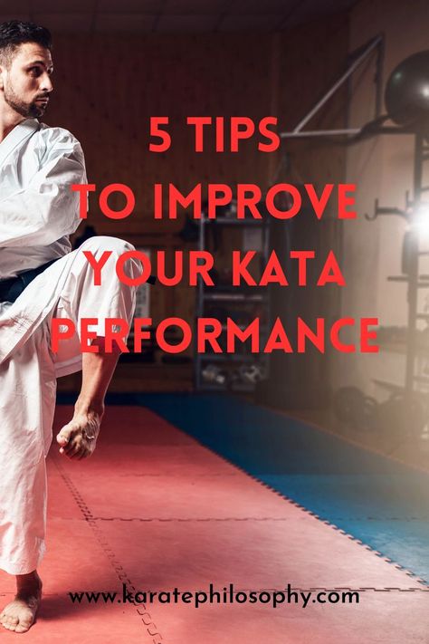 Text "5 TIPS to Improve Your Kata Performance www.karatephilosophy.com" on a background image of a man performing a shotokan kata Karate Training Exercises, Karate Photos, Shotokan Karate Kata, Kempo Karate, Aikido Martial Arts, Karate Kata, Kids Karate, Sport Karate, Karate Training