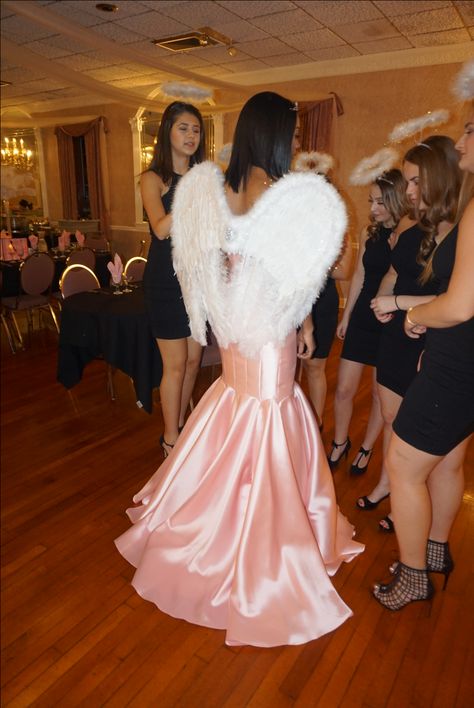 Victoria's Secret themed Sweet 16 dress and angel wings Victorias Secret Party Theme, Victoria Secret Bday Theme, Sweet 16 Inspo Dress, Victoria Secret Sweet 16, 2000s Sweet 16, 16th Birthday Dresses Sweet Sixteen, Sweet 16 Party Aesthetic, Victoria Secret Themed Party, Angel Birthday Theme