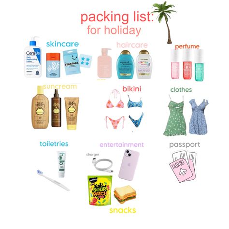 Sun Holiday Packing List, Hot Holiday Packing List, Holiday Packing Aesthetic, Pool Packing List, Holiday Toiletries, Holiday Essentials List, Beach Holiday Packing List, Toiletries Packing List, Tropical Vacation Packing List