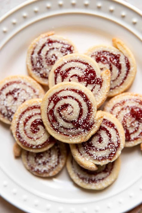 Cream Cheese Dough, Cheese Dough, Cream Cheese Pinwheels, Christmas Cookie Boxes, Jam Thumbprint Cookies, Christmas Jam, Cheese Pinwheels, Pinwheel Cookies, Raspberry Cookies