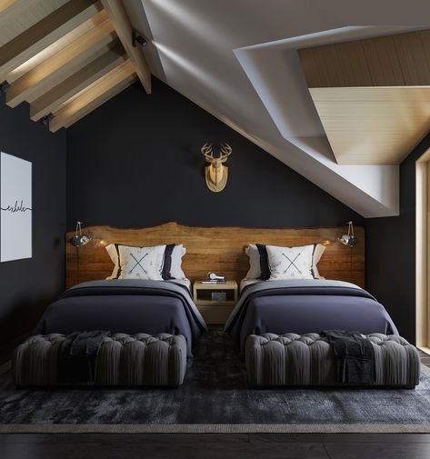 Bedroom in guesthouse on Behance Masculine Room, Best Bedroom Designs, Comfy Bedroom, Gorgeous Bedrooms, Single Bedroom, Attic Rooms, Modern Cabin, Architecture Interior Design, Guest Bedrooms