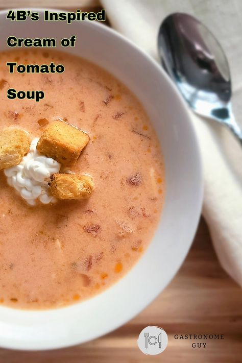 A white bowl is filled with Cream of Tomato Soup, a dollop of sour cream and 3 croutons. 4 Bs Tomato Soup Recipe, 4b’s Tomato Soup Recipe, 4bs Creamy Tomato Soup, 4b's Tomato Soup Recipe, Cream Of Soup Mix Recipe, Cream Soup Base, Cream Of Vegetable Soup, Cream Based Soups, Creamy Soup Recipes