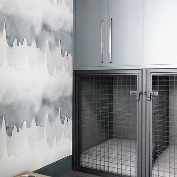 Gray Cabinets Over Metal Dog Crates Contemporary Mudroom, Dog Bedroom, Diy Dog Crate, Diy Dog Kennel, Dog Spaces, Dog Room, Dog Crates, Dog Crate Furniture, Dog Area