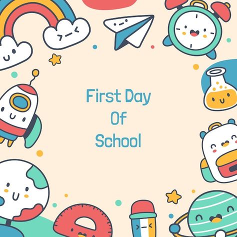 Free Vector | Hand drawn first day at school template First Day Of School Thumbnail, First Day Of School Paper, First Day Of School Template, First Day Of School Flag Printable, First Day Of School 2024-2025 Free, School Landing Page, First Day At School, Kawaii School, School Template