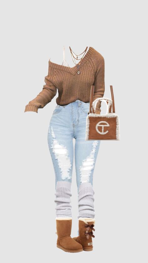 Ugg Christmas Outfit, Wristlet Outfit Ideas, Telfar X Ugg Outfit, Thanksgiving Outfit In Florida, Brown Ugg Boots Outfit Black Women, Outfits With Brown Ugg Boots, Outfits To Wear With Brown Uggs, Thanksgiving Outfit With Uggs, Outfit With Brown Sweater