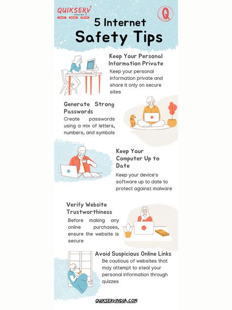 📱💡 Stay Safe Online with These Internet Safety Tips! 💻✨ Protect your personal information and enjoy a secure browsing experience. Swipe through for essential tips to keep you safe in the digital world.  #InternetSafety #CyberSecurity #QuikservIndia #StaySafeOnline #TechTips #TechSafety #DigitalSafety #CyberSmart #ProtectYourData #OnlineSecurity #SafeBrowsing Internet Safety Poster Ideas, Internet Safety Lessons Elementary, Poster About Online Safety And Security, Internet Safety Tips, Internet Safety For Kids, Digital Safety, Staying Safe Online, Internet Safety, Online Security