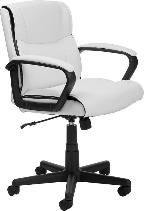 Great deal on a desk chair for your college student. Upholstered in durable polyurethane bonded leather (faux leather); padded seat, backrest, and armrests for comfort; caster wheels for smooth-rolling mobility. Office Work Station, White Office Chair, Computer Desk Chair, Office Computer Desk, White Office, Amazon Basics, Home Office Storage, Office Desk Chair, Ergonomic Office Chair