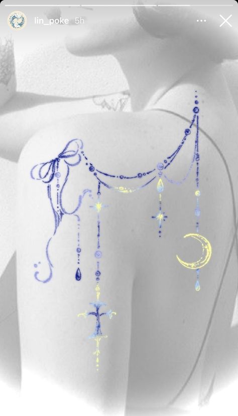 Star Tattoo Ideas Female, Hip Chain Tattoo, Celestial Lower Back Tattoo, Shoulder Jewelry Tattoo, Celestial Back Piece Tattoo, Celestial Spinal Tattoo, Back Tattoo Women Celestial, Whimsical Tramp Stamp, Celestial Back Tattoo