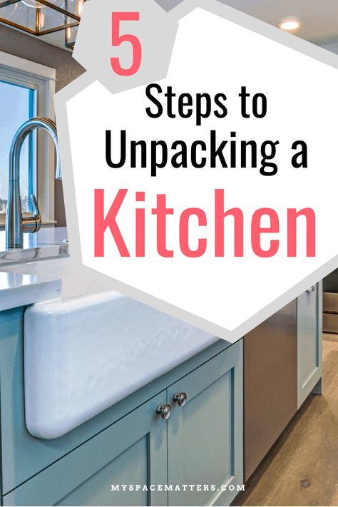 Moving is stressful. Unpacking is tough. Especially the kitchen. Follow these 5 steps and your new house will feel like a home in no time. Unpacking After Moving Organizing, Kitchen Where To Put Things, Unpacking After Moving, Professional Organizer Business, Organizing Business, Kitchen Work Triangle, Declutter Checklist, Kitchen Pans, Professional Organizing