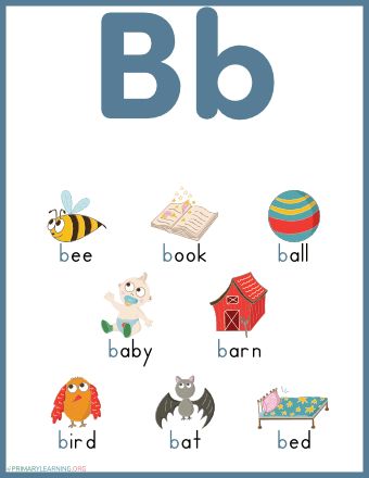 Build phonics skills and practice beginning sound B with your children! This worksheet features pictures of things that begin with the letter B. Teachers and parents can use this printable to introduce the concept of identifying words that start with the letter B. The beginning letter B is highlighted in blue to show B Letter Words, Letter B Activities, Kindergarten Word Families, Letter B Worksheets, First Grade Reading Comprehension, Phonics Worksheets Free, Phonics Free, Bee Book, Baby Barn