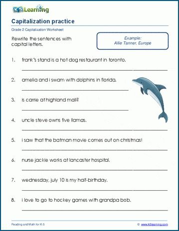 Capitalization mixed practice worksheets | K5 Learning Grade 2 Activities, Log Math, Capitalization Worksheets, Kindergarten Grammar, Use Of Capital Letters, Early Science, Cursive Writing Worksheets, Comprehension Exercises, Proper Nouns