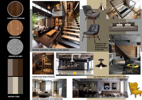 Mood board (Minimalist industrial style) Ps Industrial Style Mood Board, Industrial Interior Design Mood Board, Industrial Mood Board, Mood Board Minimalist, Monica Hair, Industrial Minimalist Interior, Boy Apartment, Industrial Style Interior Design, Interior Presentation