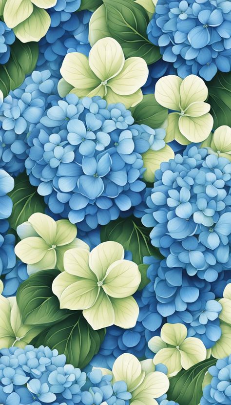 Aesthetic Pattern Background, Hydrangea Illustration, Hydrangea Aesthetic, Blue And White Hydrangea, Flower Pattern Background, Orchid Wallpaper, Watercolor Hydrangea, Hydrangea Colors, Folk Art Flowers